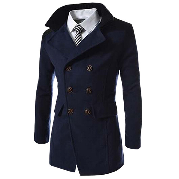 Hot Sale Autumn Long Wool Coat Men Fashion Turn-down Collar Wool Blend Double Breasted Pea Coat Jacket Men Brand Overcoats