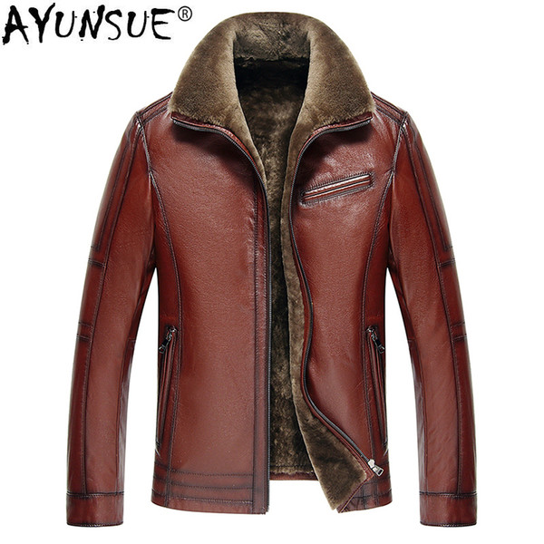 AYUNSUE Men's Genuine Leather Jacket Real Cow Leather Plus Size Cowhide Jackets for Men Natural Lamb Fur Coat 5xl KJ841