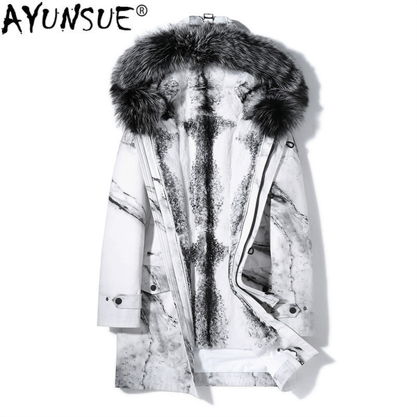 AYUNSUE Real Fur Coat Men Rabbit Fur Liner Luxury Winter Jacket Parka Homme Fox Collar Mens Real Furs Long Coat KJ1102