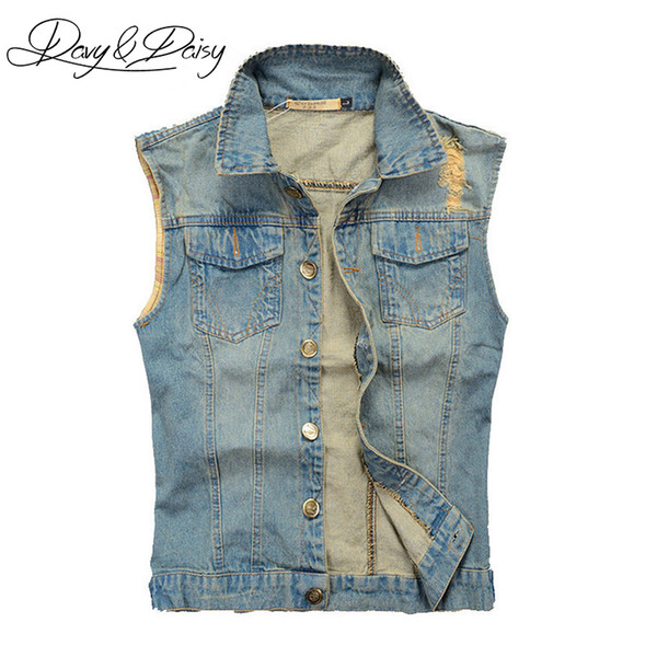 DAVYDAISY Jeans Vest Men Sleeveless Jacket Washed Light Blue Hip Hop Vintage Ripped Cowboy Men Casual Denim Waistcoat DCT-076