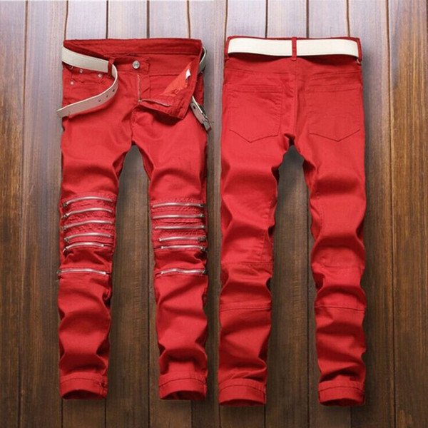 Wholesale-2016 New Men Stylish Ripped Jeans Pants Biker Classic Skinny Slim Straight Denim Trousers Men's Long Red Pants