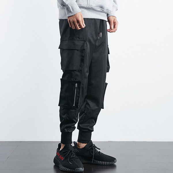 April MOMO 2019 Men Hip Hop Men Cargo Jogger Pants Drawstring Elastic Waist Side Big Pockets Streetwear Pencil Pants Trousers