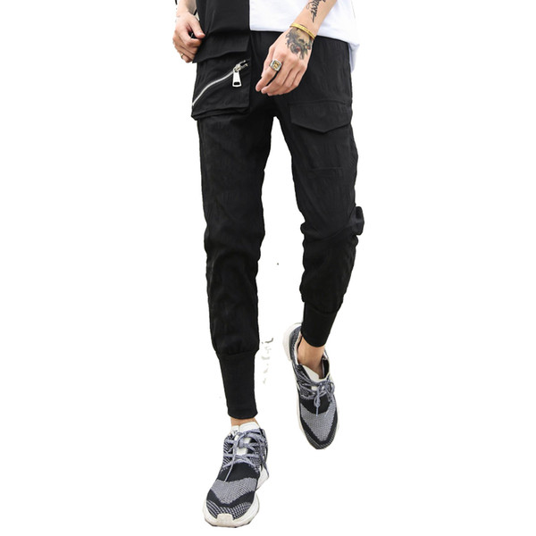 Dark men's trousers zipper yarn card bundle foot pants sports pants pocket Korean version of the trend nine tight feet