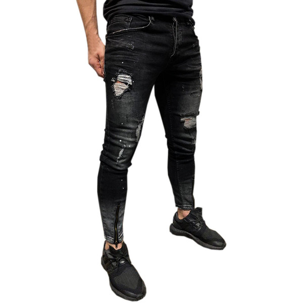 Mens Skinny Stretch Denim Pants Pleated Ripped Slim Fit Jeans Trousers c0311