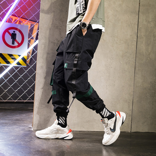 Drop shipping Designer Belt Cargo Pants Men 2019 Mens Streetwear Joggers Pants Male Hip Hop Pockets Sweatpants US Size