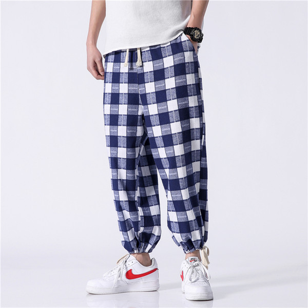 Japanese new men's Korean version of the loose plaid nine point pants closed foot size without shadow wall