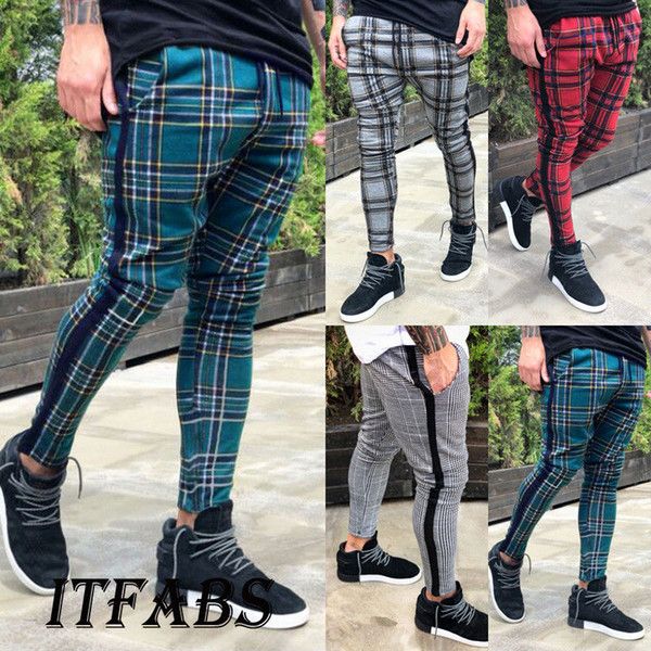 Men's Trousers Tracksuit Fitness Workout Joggers Gym Plaid Sweatpants Sport Long Pants With Pockets