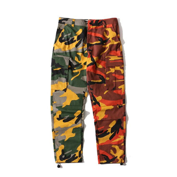 Two-Tone Camo Pants Hip Hop Patchwork Camouflage Cargo Trouser Casual Cotton Multi Pockets Pant Streetwear