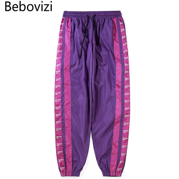 Bebovizi Brand Mens Hip Hop Windbreaker Streetwear Trousers Fashion Side Stripes College Loose Harem Pants Men Purple Blue Pants