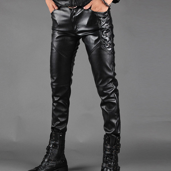 Wholesale- Men Leather Pants Men Fashion Casual Pant Male Slim Fit PU Leather Locomotive Pants Punk Rock Stage Show Clothing Contracted styl