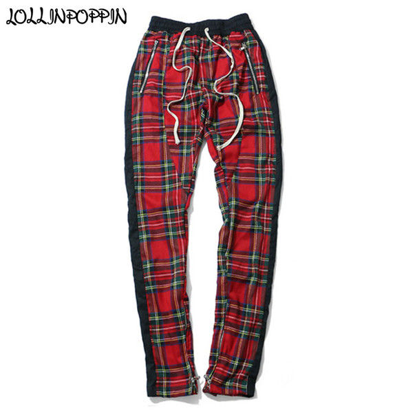 Side Stripe Men Scottish Plaid Track Pants Slim Fit Tartan Checkered Jogger Pants Zippered Leg Opening Pencil Streetwear