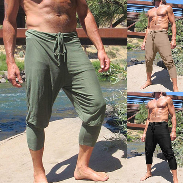 Summer Beach Casual Men Solid Color Drawstring Elastic Waist Loose Capris Pants 