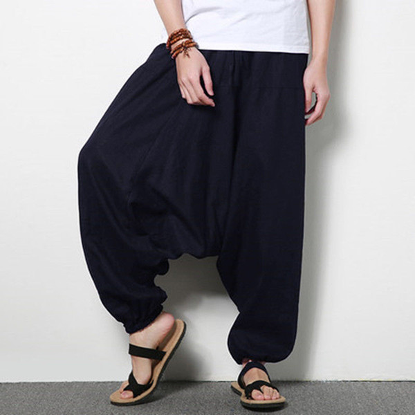 Fashion Men Loose Casual Harem Pants Cotton Wide Legs Trousers Pleated Baggy Drop Crotch Linen Low-Grade Collapse