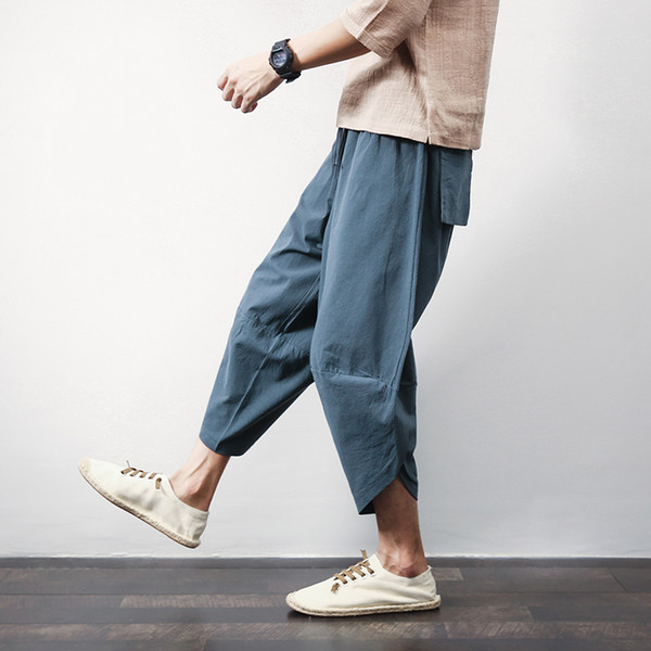 Sinicism Store Cotton Linen Mens Harem Pants Summer Male Casual Calf-Length Pants 2018 Solid Big Pocket Baggy Trousers