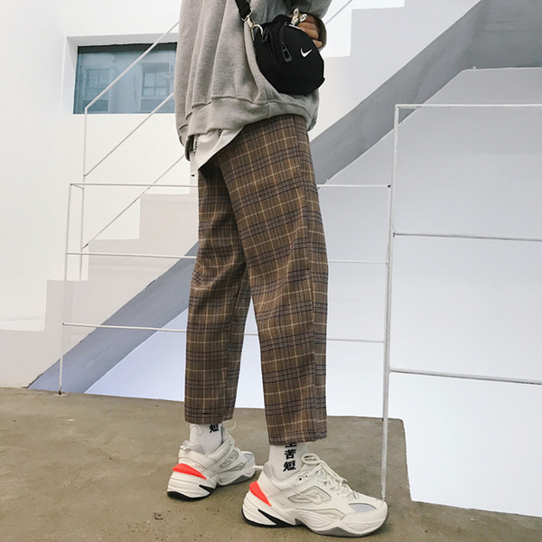 2018 Korean Autumn Men's Fashion Tide Plaid Pattern Straight-Leg Ankle-Length Pants Elastic Waist Loose Casual Trousers M-XL