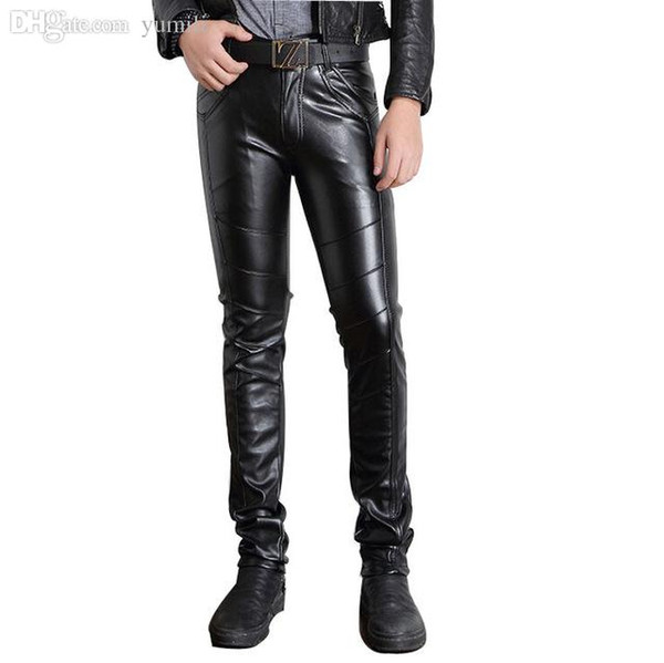 Wholesale-Black Faux Leather Pants For Men Pu Material Motorcycle Skinny Leather Pants Men Casual Pants Plus Size 28-36