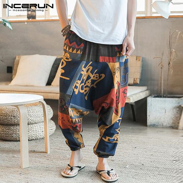 Vintage Mens Harem Pants Elastic Waist Print Joggers Hip-hop Casual Streetwear Boho Beach Trousers Men Loose Cross-pants INCERUN