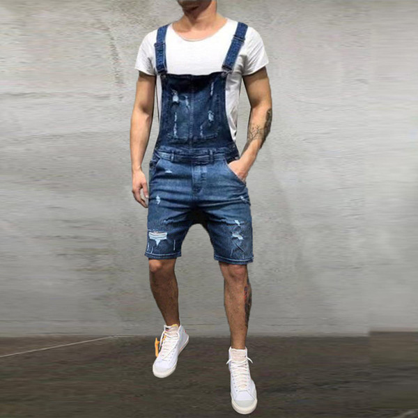 Brand Men's Ripped Jeans Jumpsuits Shorts Summer Fashion Hi Street Distressed Denim Bib Overalls For Man Suspender Pants