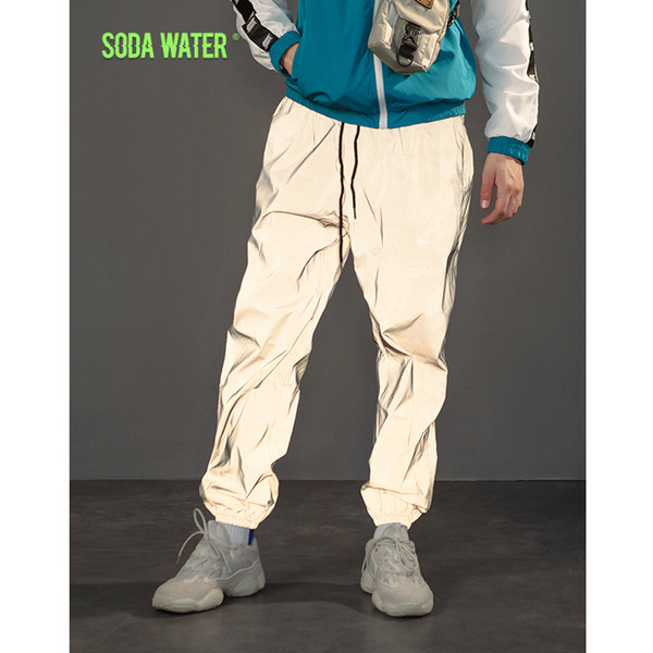 SODA WATER Solid Reflective Jogger Pants Hip hop Elastic Wasit Trendy Sweatpants Trousers Men Tactical Pants 8907WS