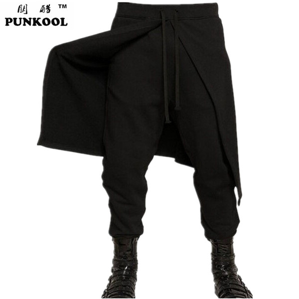 Wholesale-PUNKOOL 2016 New Hot Cool Mens Gothic Punk Style Harem Pants Trousers Faux 2pieces Black Hiphop Wear Skinny Dress Skirt Pants