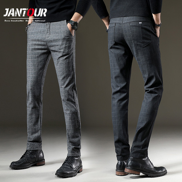 jantour Brand spring Pants Men Casual Elastic Long Trousers Male Cotton lattice straight gray Work Pant men's Large size 28-38