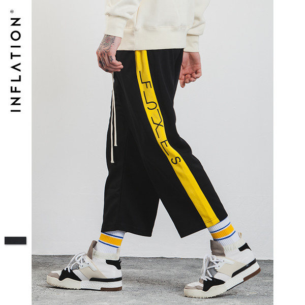 Wholesale- INFLATION 2017 New Autumn Mens Pants Side Stripe Letter Printing Contrast Color Elastic Waist Mens Cropped Pants 354W17