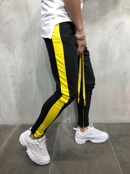 Mens High Street Clothing Black Yellow Red Side Strip Pants Elastic Slim Fit Joggers 