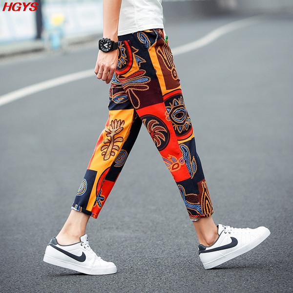 Wholesale- 2017 summer male Flax floral nine minutes of pants men the plus-size fertilizer with pants