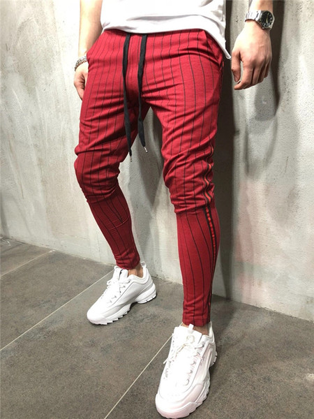 Mens Sports Pants Skinny Fitness Men Drawstring Trousers Causal Striped Running Pencil Pants Male Fashion Clothing