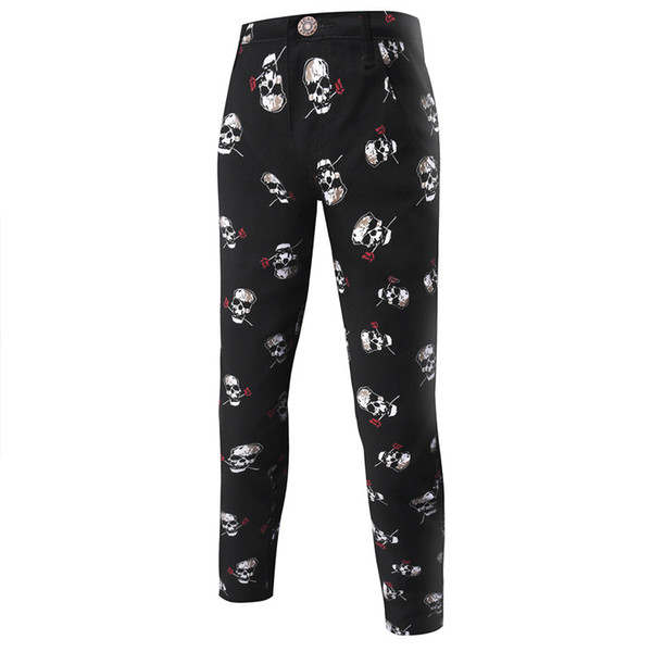 Men's Casual Pants Men's Black Personality Skull Print Youth Pop Casual Trousers Micro-elastic Skinny Feet Size 28-34