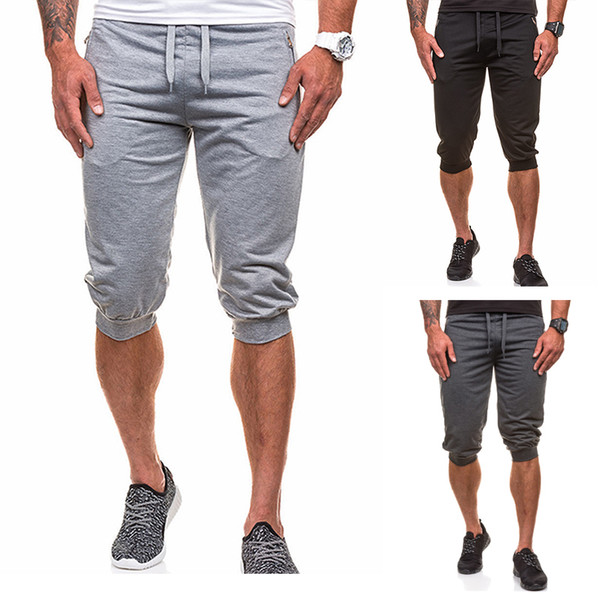 Men's European Sizes Summer Pure Color Casual Sports Knee Length Sweatpants Men's Simple Cool Breathable Stretch Comfort Knee Length Pants