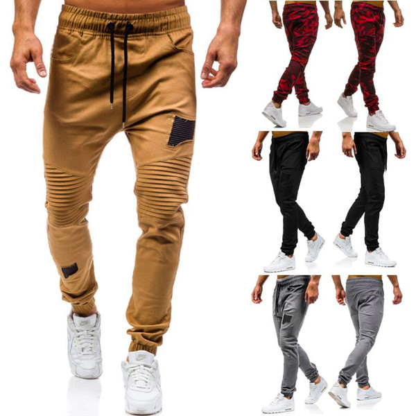 European and American Style Men's Stitching Folds Beggars Patch Style Casual Pants Men's Elastic Band Fashion High Quality New Cotton Pants