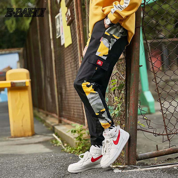 E-BAIHUI Side Striped Cargo Pants Mens Patchwork Black Joggers Pants Man Hiphop Trousers Fashion Casual Camouflage SweatPants G15