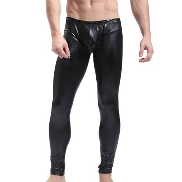 Faux Leather Mens Shiny Stretch Pants New Sexy Novelty Muscle Slim fit Mens Leggings Low waits Stage Club Gay Male Pants