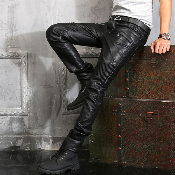 Balmain Wholesale Mens Casual Chaparajos Boys Faux Leather Skinny Pencil Pants Trousers Hot Jeans