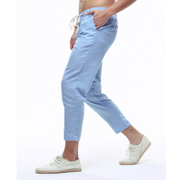 2018 Mens Solid Color Linen Pencil Pants Elastic Waist Summer Trendy Thin Ankle-Length Pant Straight Jogger Trousers XXXL