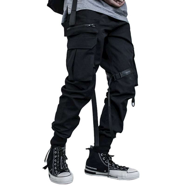 Men black camouflage ribbons multi pockets cargo pants hip hop punk harem pants mens casual zipper streetwear hiphop joggers