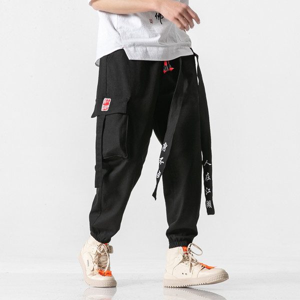 Men Ribbons Plus Size Japanese Loose Casual Cargo Pants Male Streetwear Fashion Hip Hop Harem Trousers Joggers Sweatpants