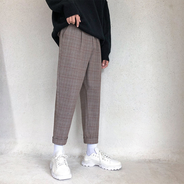 2018 Korean Autumn Men's Fashion Lattice Pattern Directly Canister Ankle-Length Pants Loose Casual Solid Color Trousers M-2XL