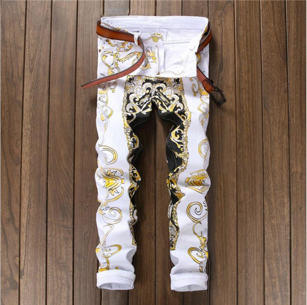 New Printed Skinny Biker Jeans Men Stretch Hip Hop Slim Mens Denim Jeans Casual Street Fashion Jogger Pants Male Trousers White