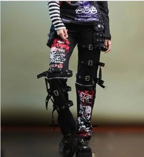 27-40 ! Men's gothic non-mainstream skull print doodle personality straight gas hole punk pants singer costumes trousers