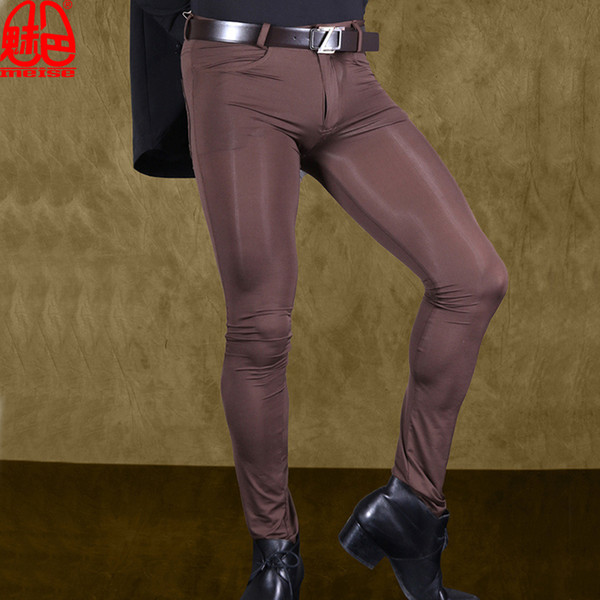 Sexy Men Transparent Pants Ice Silk See Through Elastic Tight Trousers Silky Pencil Pants Erotic Lingerie Club Gay Wear F90