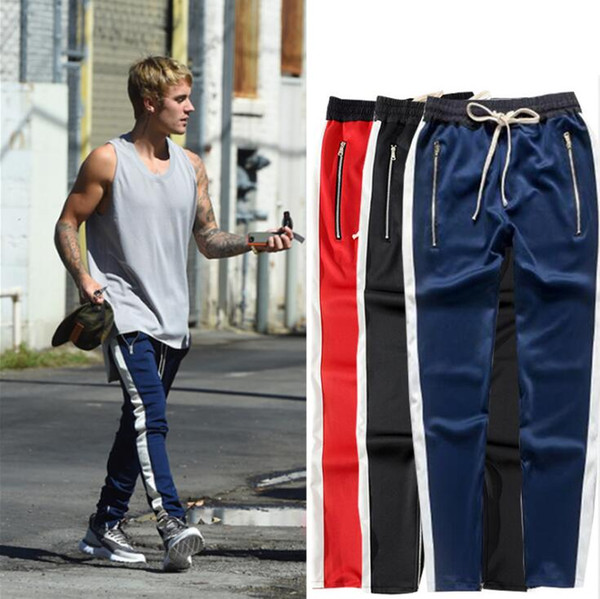 SS18 2017 New side zipper pants hip hop Fear Of God Fashion urban clothing red bottoms justin bieber FOG jogger pants Black red blueHip-hop