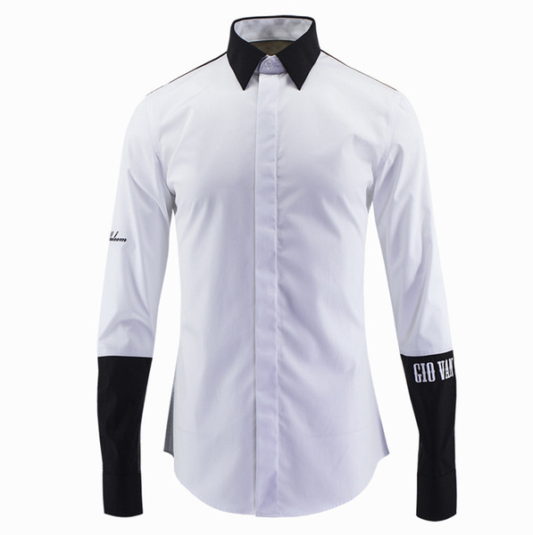 New and summer Black and white stitching embroidery letters in large yards long sleeve shirt shirt male body paragraph