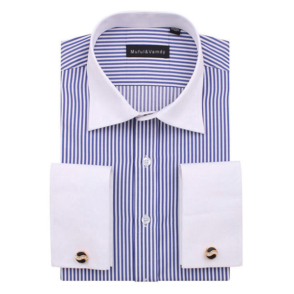 New Trend Men's French Cufflink Dress Shirt Long Sleeve Business Fashion Striped Social Classic Plus Size 3XL 4XL Basic Shirt