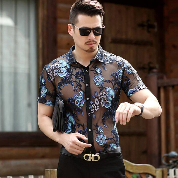 Men Transparent Shirt New Sexy Lace Shirt For Male See Through Mesh Shirt Club Party Shirts