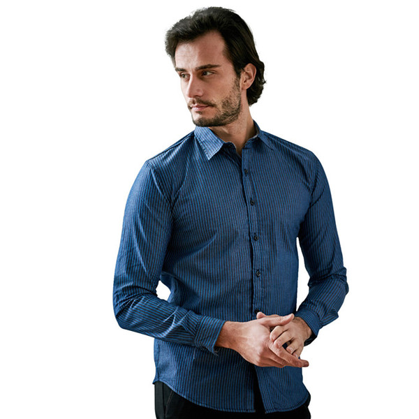 Euro Size M-3XL Mens Business Casual Long Sleeved Cotton Shirt Classic Striped Male Social Dress Shirts Blue,FM121