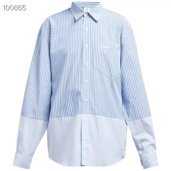 19SS New Vetements Shirts Men Women Summer Autumn Casual Embroidery Vetements Shirt Blue White Striped Stitching Shirt