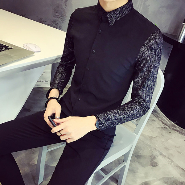 2018 autumn new Korean men's slim stitching long-sleeved shirt British trend youth hair stylist tide clothing