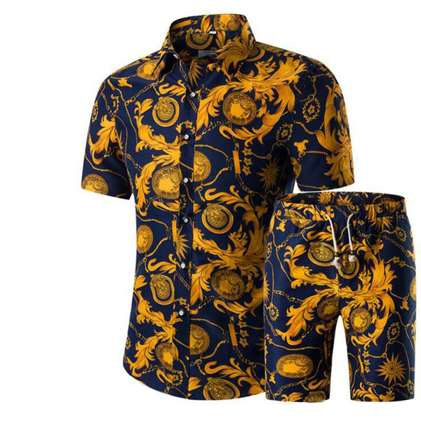 New Summer Men Shirts+Shorts Set Casual Printed Hawaiian Shirt Homme Short Male Printing Dress Suit Sets Plus Size